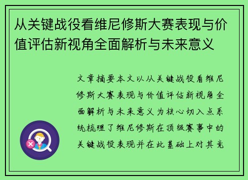 从关键战役看维尼修斯大赛表现与价值评估新视角全面解析与未来意义